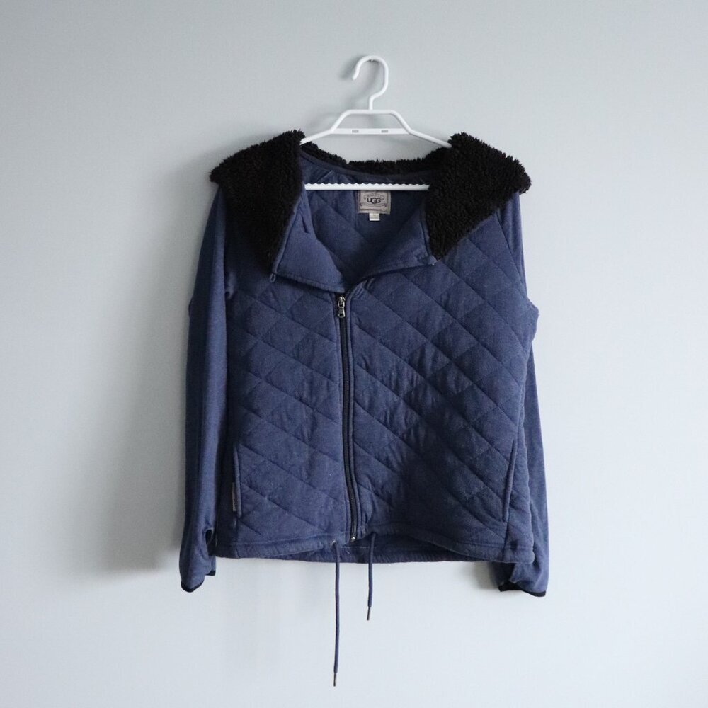 UGG Women's Sz M Blue Jackeline Sherpa Quilted Asymmetrical Full‎ Zip Sweater